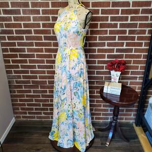 Betsy Adam Dress Pink Vera Halter Wrap Burnout Floral Chiffon Maxi Gown 6 NWT